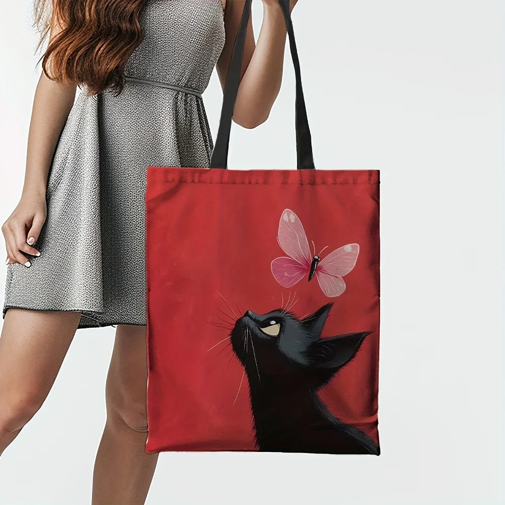 1pc Kitten and Butterfly Canvas Tote Bag - Durable Polyester, Rectangular Shape, Perfect for Shopping & Everyday Use