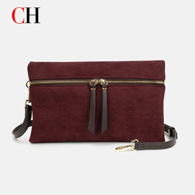 CH Crossbody Bag Women Embossed Suede Shoulder Bag Double Zipper Clutch Purse Vintage Daily Evening Handbag Bolsos Mujer