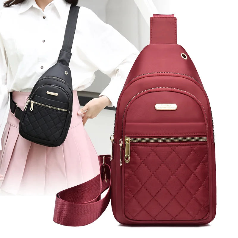 2025 New Women's Embroidered Nylon Breast Bag Fashion Versatile Embroidery Thread Grid Crossbody Bag Simple Outdoor Travel Daily