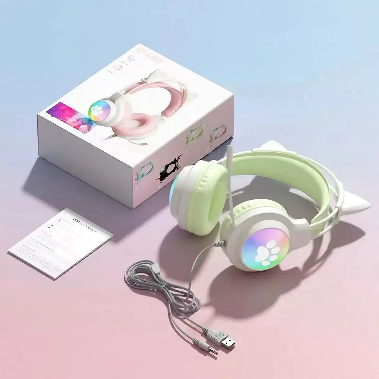 SOYTO Wired Cat Ear Headphones RGB LED Light Up Gaming Headset 3D Deep Bass Stereo Headphones with Mic for PC Laptop Girls