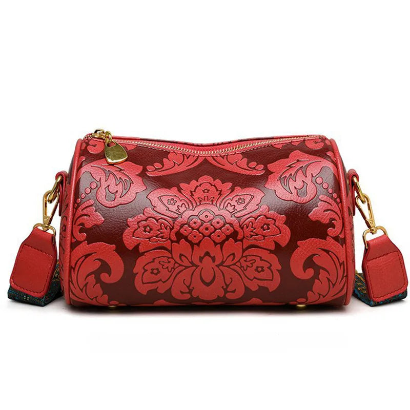Retro Flower Embossed Cylinder Bag, Classic Textured Zipper Crossbody Purse, With Wide Geometric Pattern Strap Barrel Bag