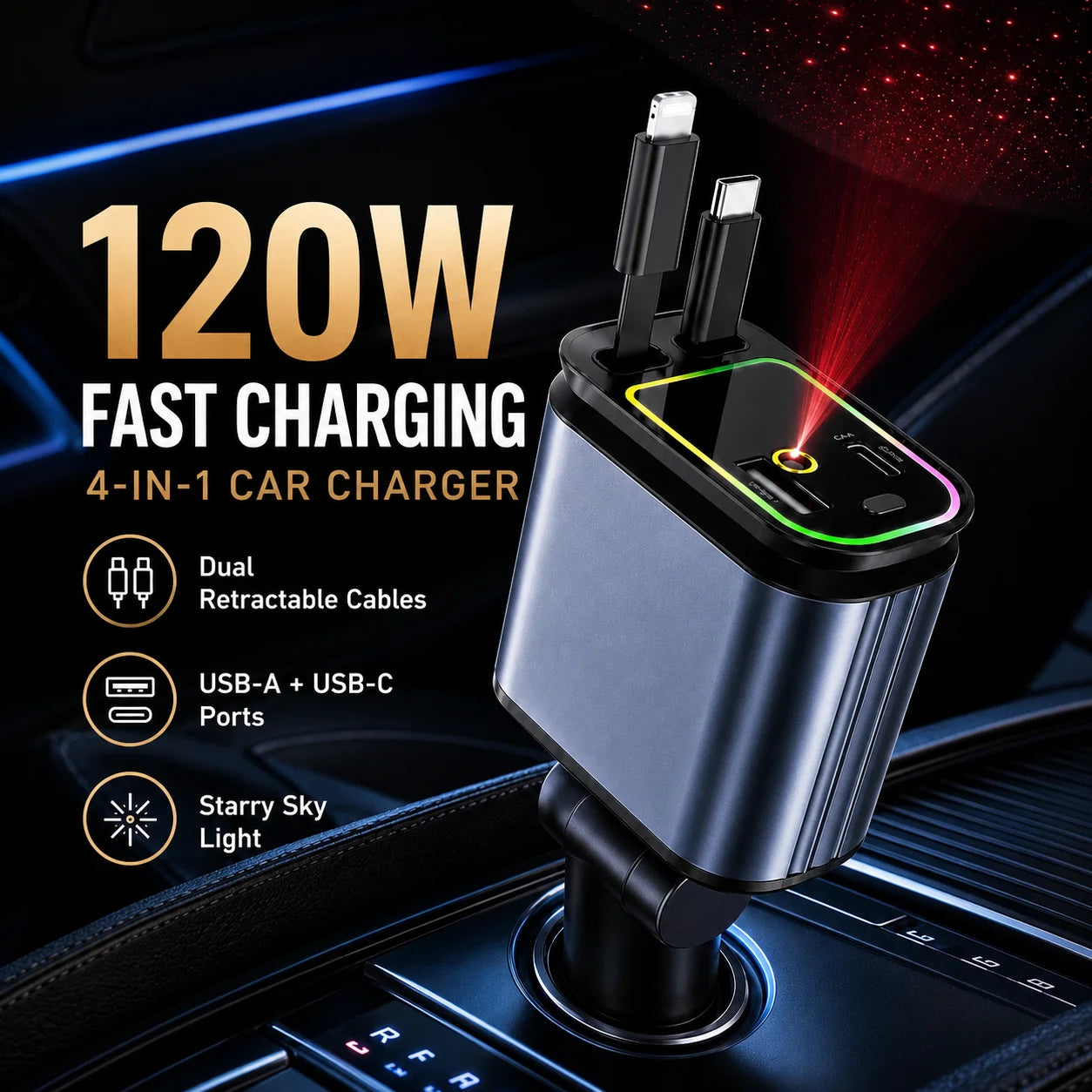 120W Retractable Car Charger with USB C Lightning Cable 4 in 1 Fast Charging Starry Sky Ambient Light USB A Type C Port