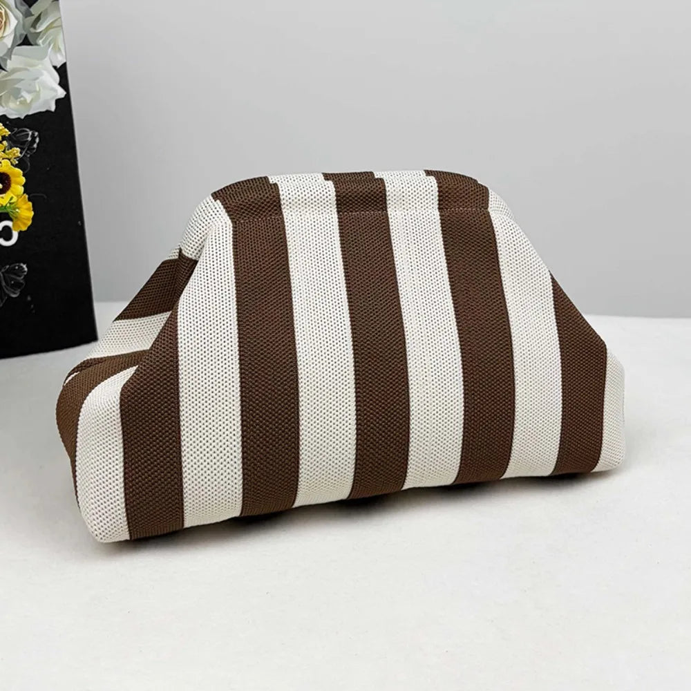 New bright-colored knit bag, thin striped fly-knit cloud, versatile elegant portable makeup bag, large-capacity handbag