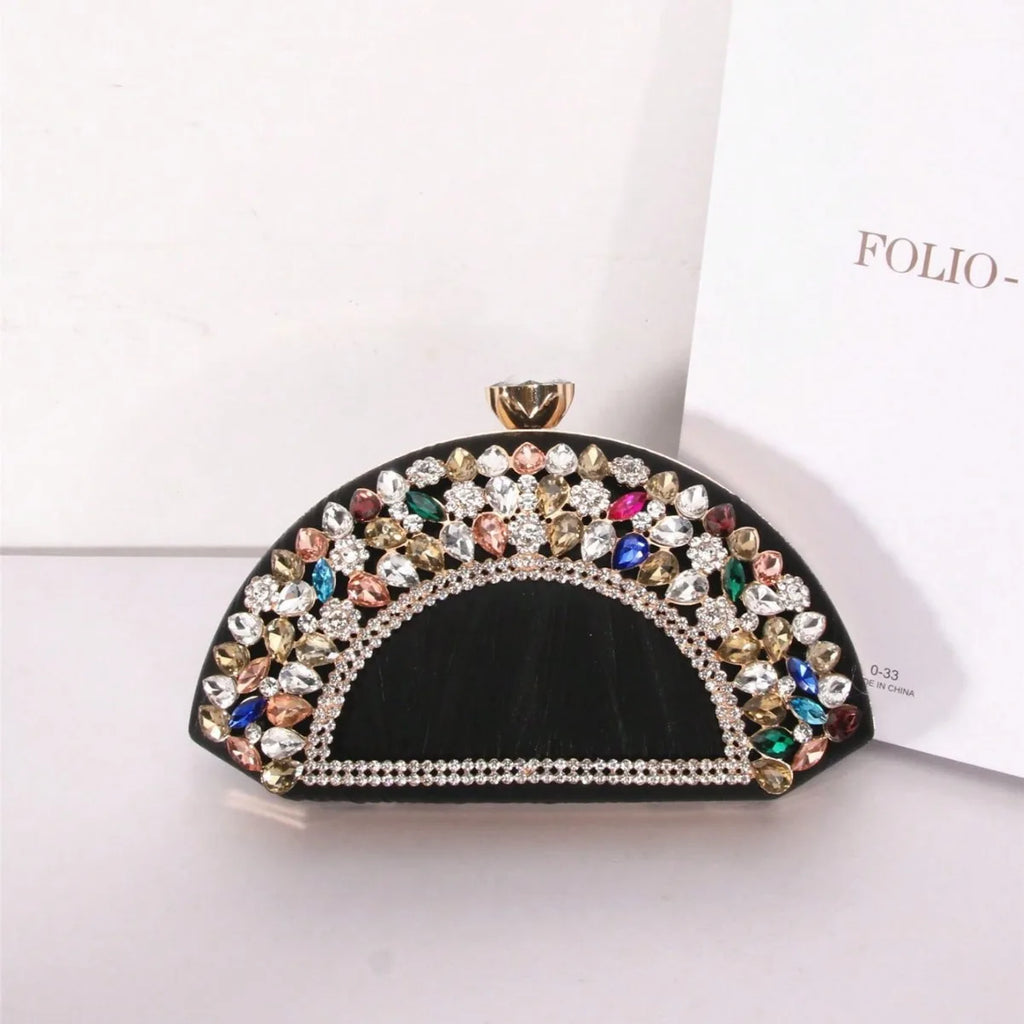 Luxury Collection Four Elegant Semi Circular Handbags in Black Pink Silver Sparkling with Golden Accents Colorful Gems
