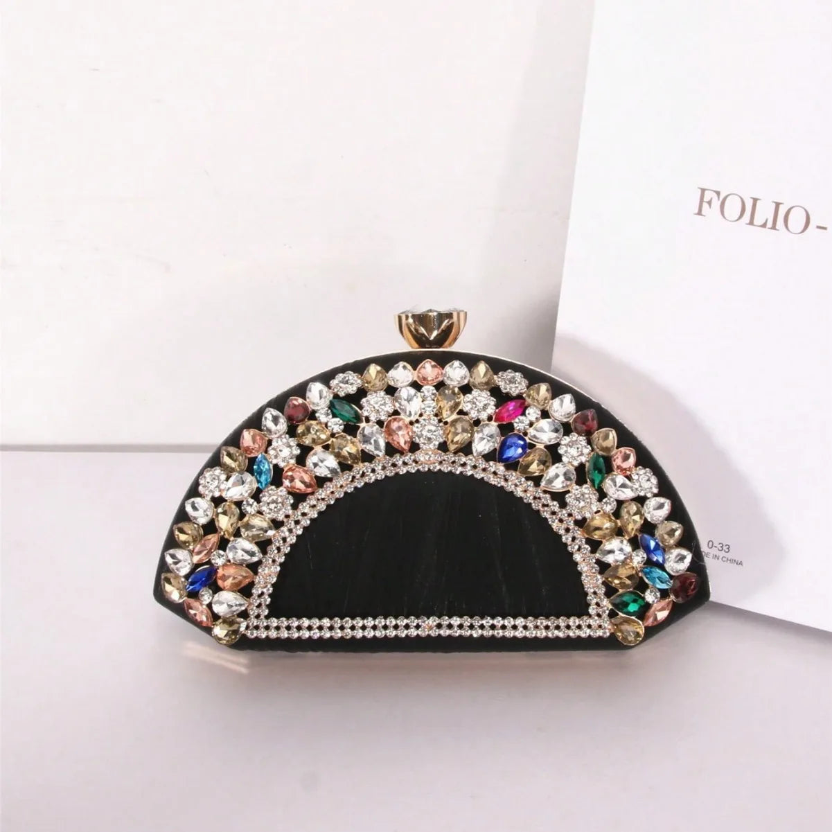 Luxury Collection Four Elegant Semi Circular Handbags in Black Pink Silver Sparkling with Golden Accents Colorful Gems