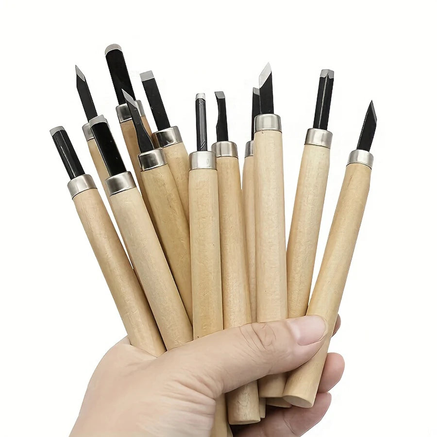6-12pcs High Manganese Steel Engraving Knife with Wooden Handle Professional Handmade Wood Carving Chisel Tools Kit