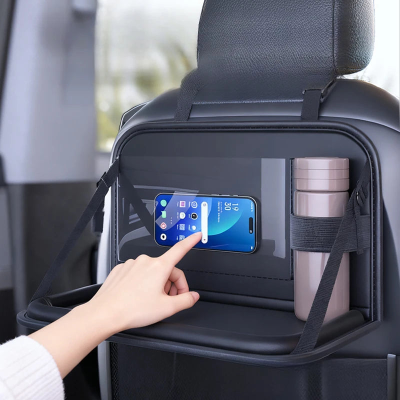 Car Seat Back Organizer Foldable Table Tray  PU Leather Auto Backseat Headrest Cup Holder Universal Phone Pockets For Rear Seat