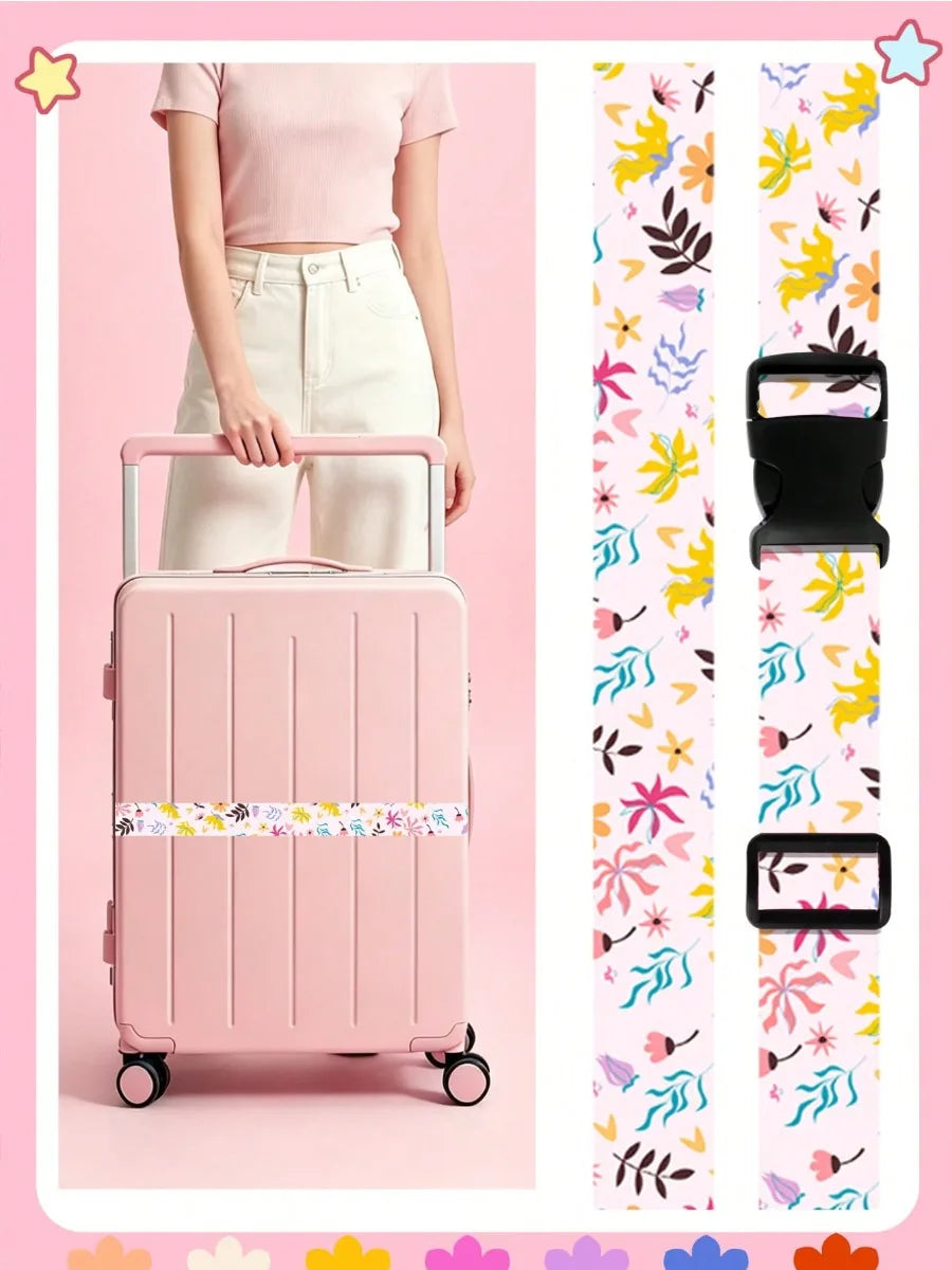 Adjustable Luggage Strap for Suitcase, Cute Print Travel Luggage Belt with Buckle, Soft Fabric Anti-loose Suitcase Binding Strap
