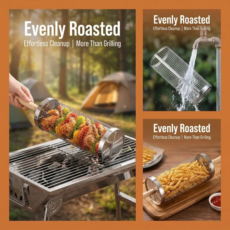 Rolling Grill Basket, Removable Wooden Handle, 304 Stainless Steel, Nesting Grilling Tools, Smoker BBQ Accessories for Vegetable