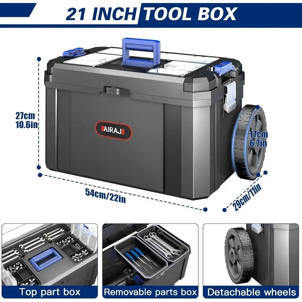 3-in-1 Rolling Stackable Toolbox with Detachable Organizer for Portable Storage in Workshops and Home DIY