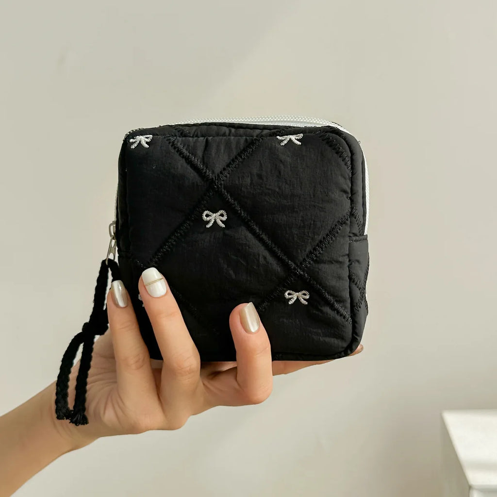 1pc Gift Bow Sanitary Napkin Organizer Bag Coquette Quilted Women's Mini Clutch Bag Cotton Keychain Earphone Coin Purse