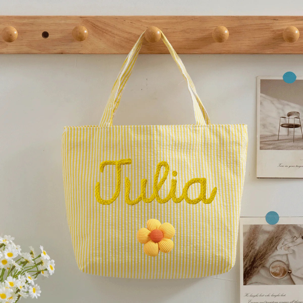 Custom Seersucker Cosmetic Handbag and Travel Organizer — Personalized Chenille Letter Toiletry Bag and Summer Beach Tote