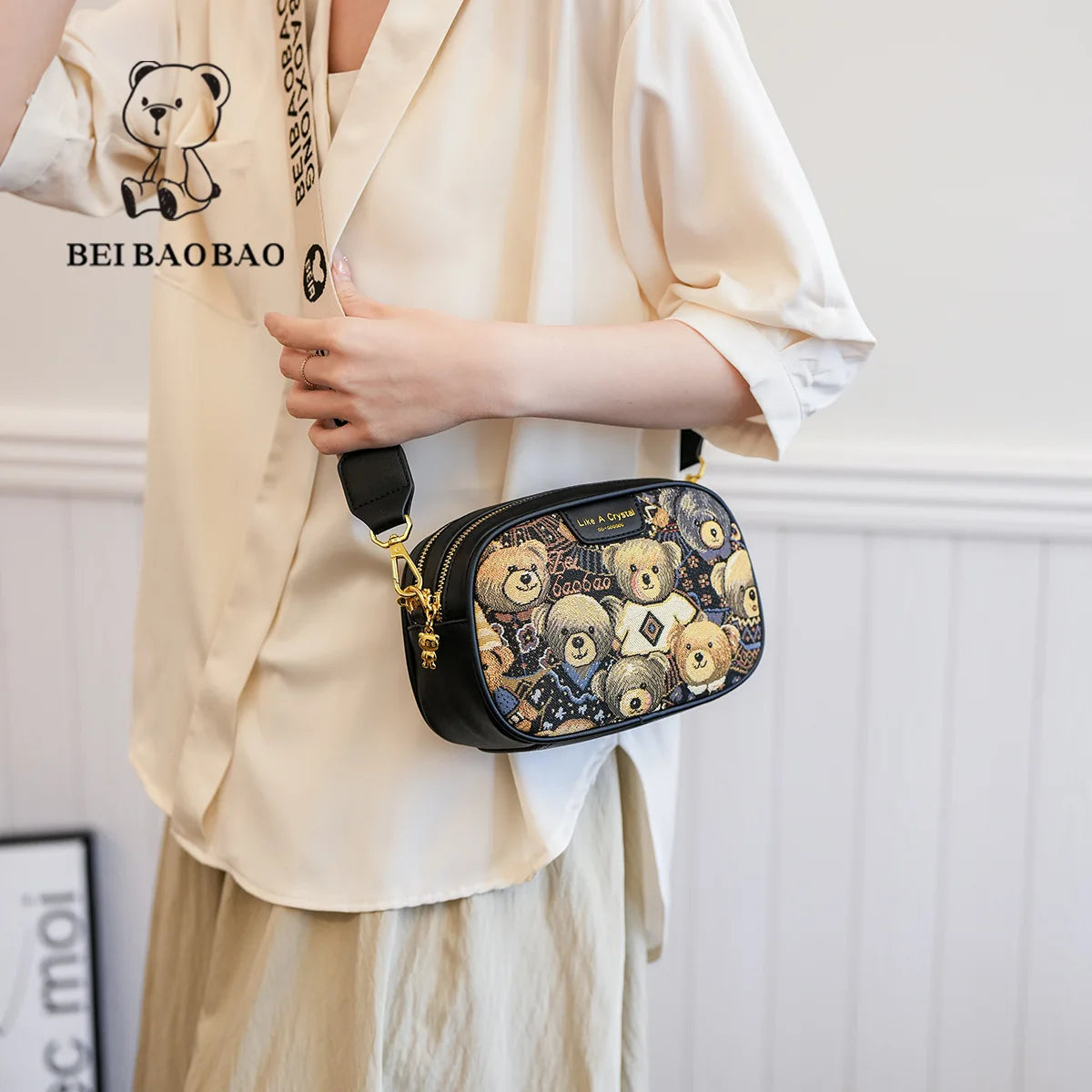 Beibaobao 2025 Summer New Canvas Fashion Women's Bag Bear Single Shoulder Crossbody Bag Casual Women's Bag