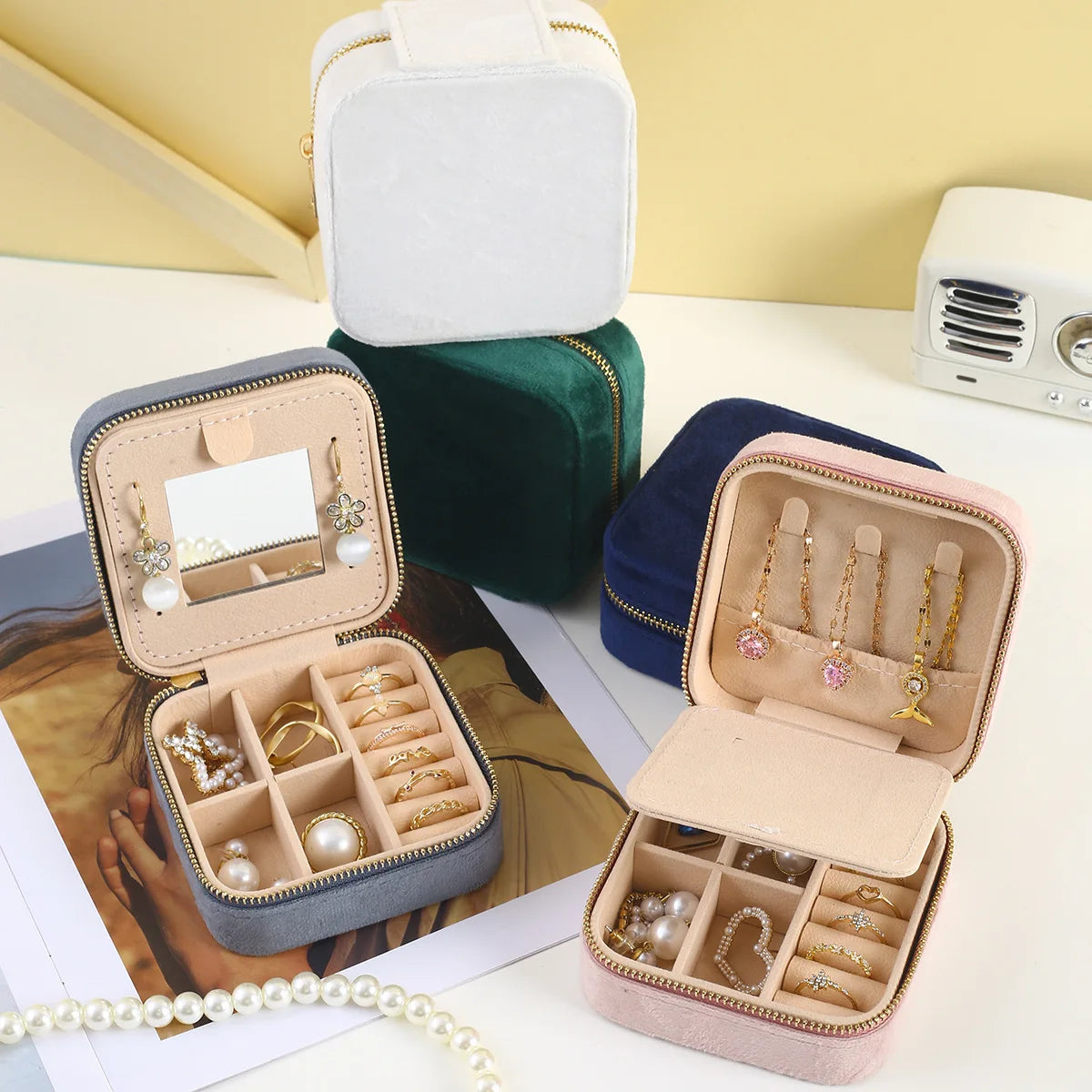 Portable Mini Velvet Travel Jewelry Box,Compact Zippered Organizer with Mirror for Rings Earrings On-the-go,Velvet Jewelry Case