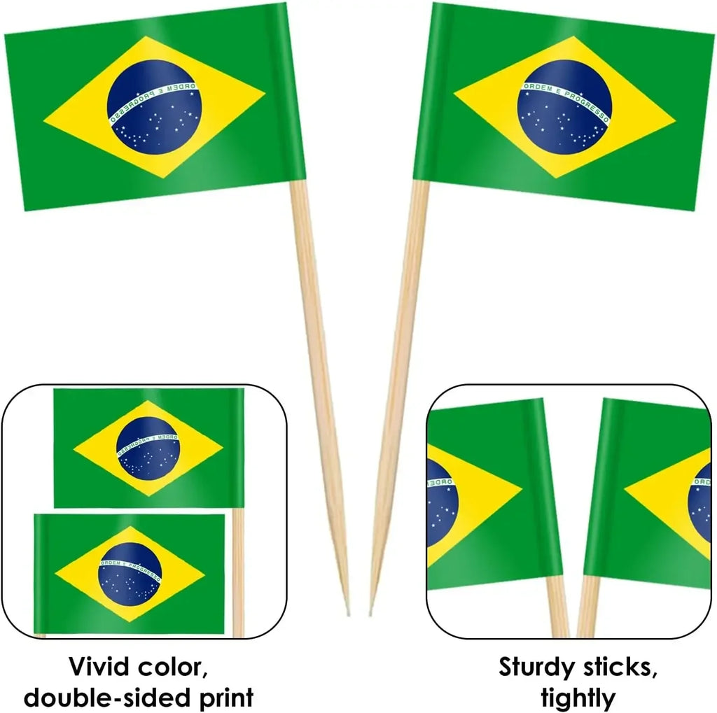 Brazil Flag Toothpick Flags Picks, 100Pcs Small Tiny Brazil Cupcake Toppers Stick Flags National Day, Birthday Party Decorations