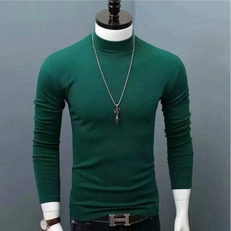 2026 Autumn Winter Men's High Neck T-shirt Slim Fit Fashion High Elastic Long Sleeve Cotton Casual Breathable Apparel Pullover