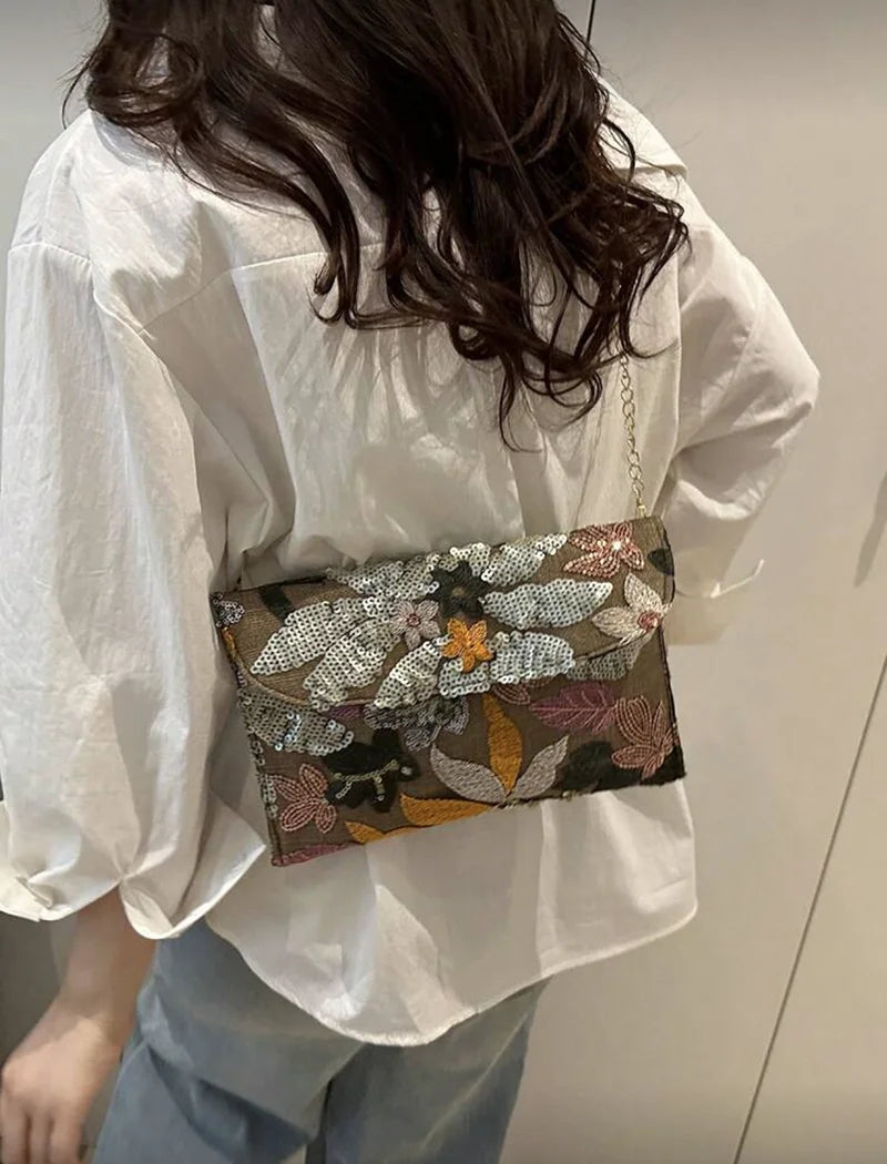 Sequin Embroidered Floral Envelope Bag, Women's Fashionable Sequin Patchwork Clutch Bag, Party Evening Bag, Irregular Cut Design, Suitable for Women, Ideal for Parties, Weddings, Balls, Perfect for Parties, Weddings, Ball Din