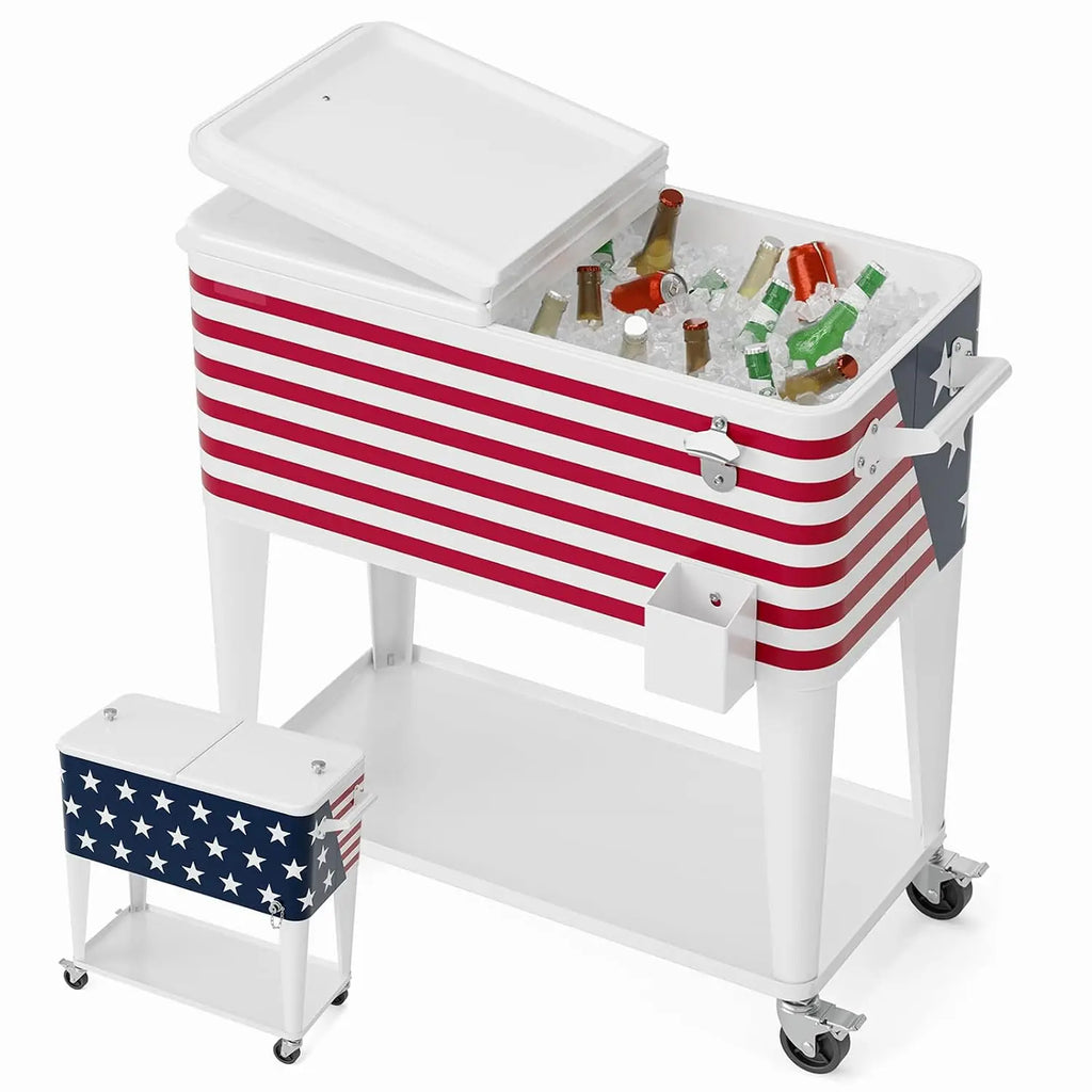 80 Quart Rolling Ice Chest,Portable Bar Drink Cooler,Catch Basin,Bottom Storage Tray & Bottle Opener, Custom