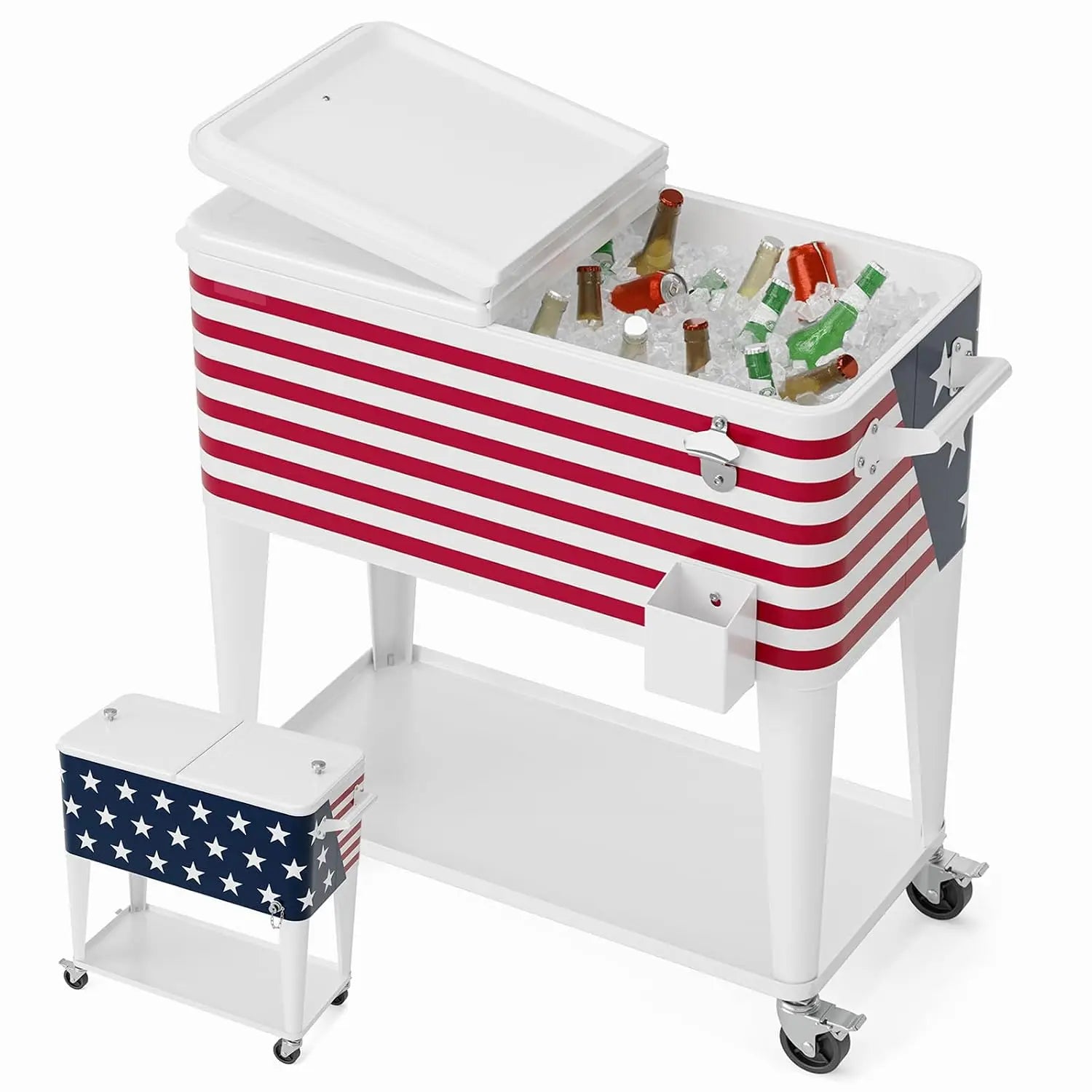 80 Quart Rolling Ice Chest,Portable Bar Drink Cooler,Catch Basin,Bottom Storage Tray & Bottle Opener, Custom