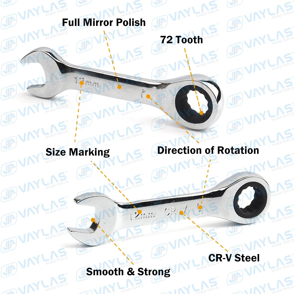 1pc 6-19mm Mini Ratchet Wrench Tool Ultra-short Key Fixed Flex-Head Ratcheting Wrench Stubby Combination Wrench 72T CR-V Steel
