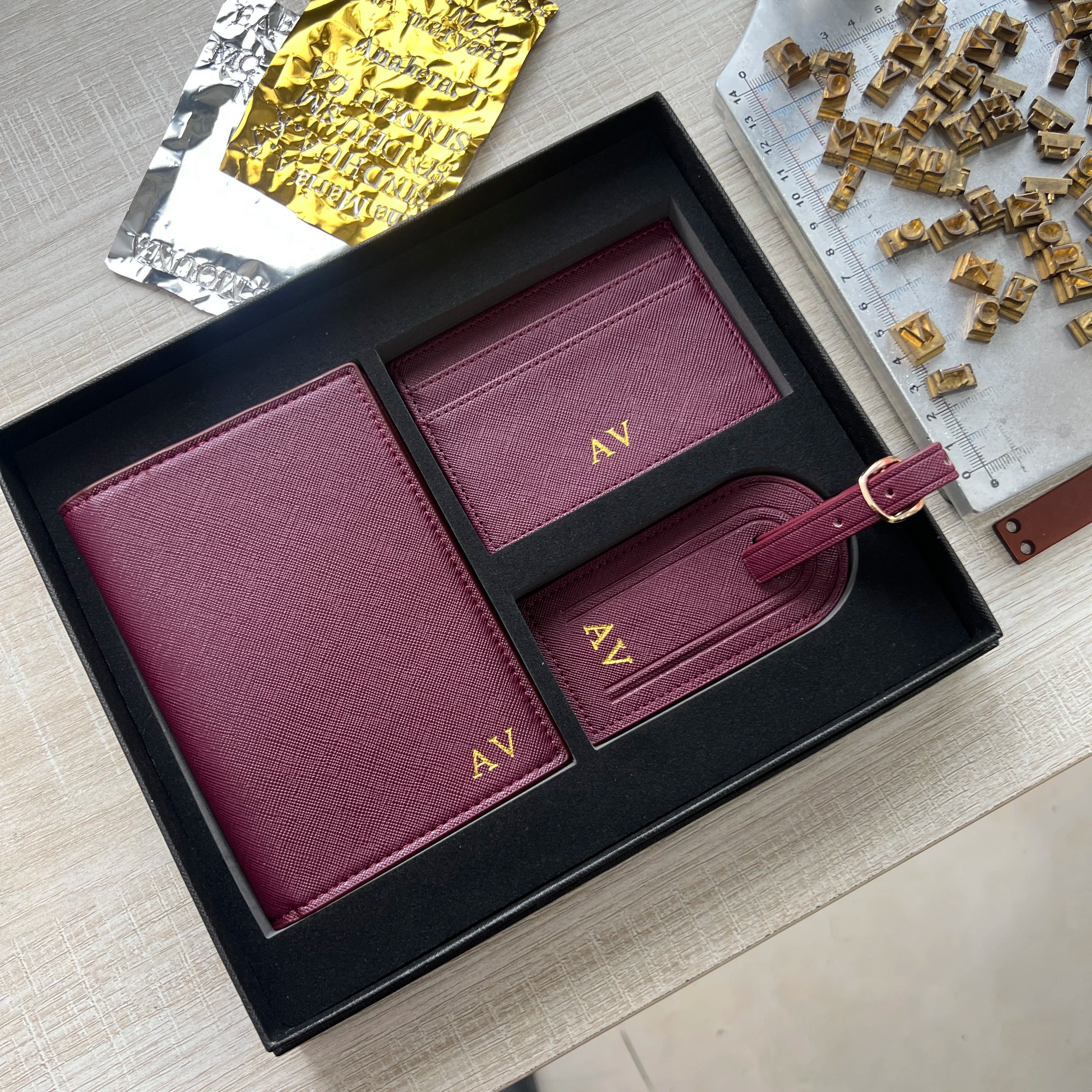 Free Custom Name Initial Gift Box Set Classic Saffiano Pattern Passport Cover  Luggage Tag Cardholder Travel Accessories