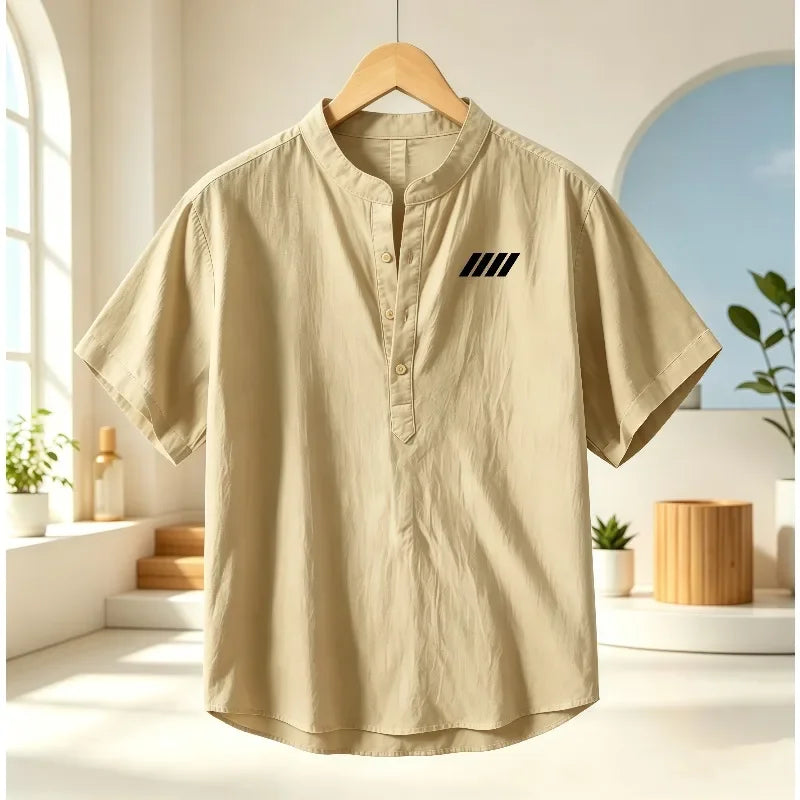 Men's cotton and linen Henry collar short sleeved shirt, geometric print breathable casual top, loose stand collar lightweight