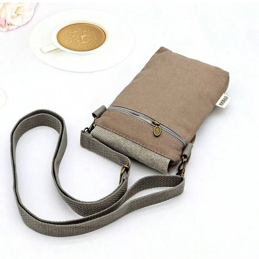 New solid-color canvas 3-layer cross-body phone bag - simple fabric women's bag with a trendy style