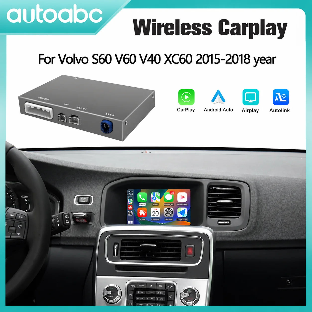 Wireless Carplay Android Auto Module For Volvo S60 XC60 V60 V40 2015-2018 Decoder Box Navigation Functions BT Support Revers