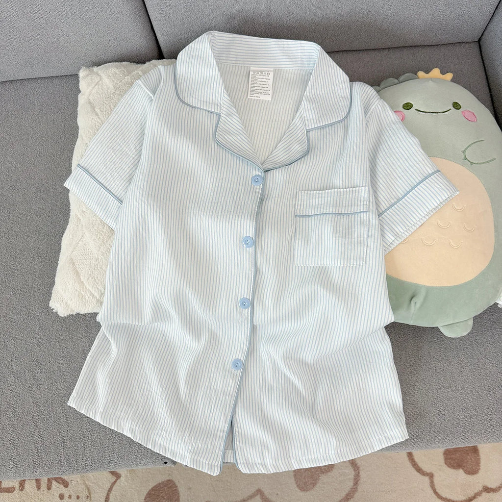 Women's Summer Pajamas, Thin Striped Pattern Short-Sleeved Shorts, Sweet and Cute, Can Be Worn Outside in Summer, Two-Piece Home Wear Set