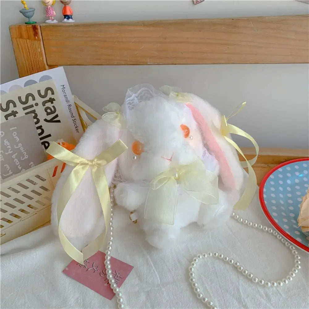 New Cute Bunny Plush Bag Lolita Shoulder Bag Kawaii Princess Sweet Pearl Chain Crossbody Bags Long-eared Rabbit Purse
