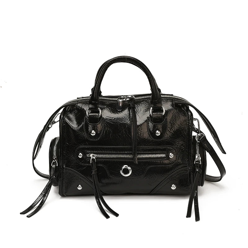 Luxury Metallic Silver Gold Patent Leather Motorcycle Bag Cool Rivet Tassel Mini Boston Handbag Trendy Crossbody Purse