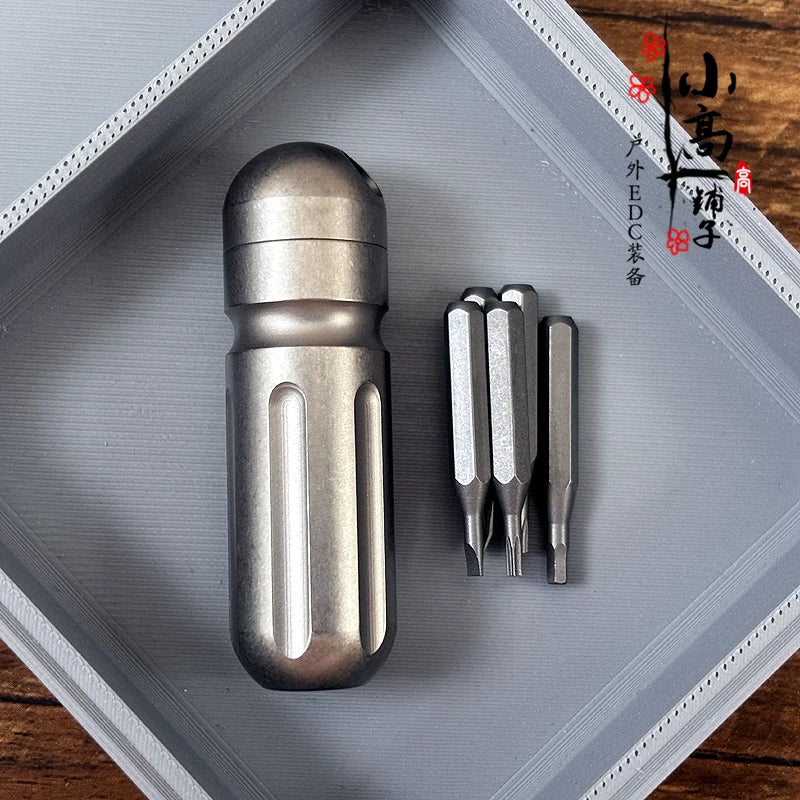 Titanium Damascus EDC Multi-Tool | Portable Screwdriver Bit Holder & Waterproof Canister