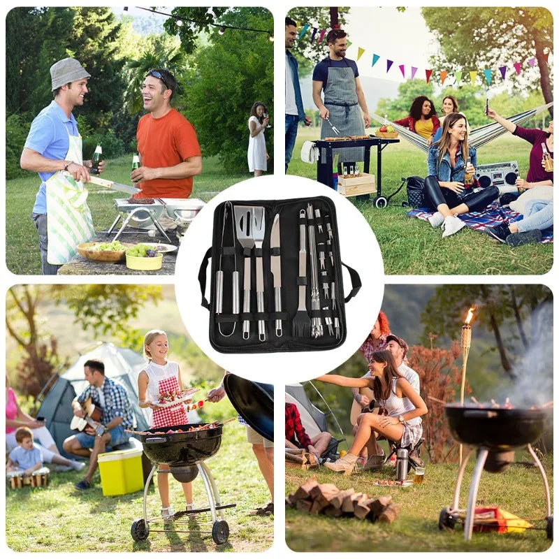 Portable BBQ Grill Tools Set Extra Thick Stainless Steel Fork, Spatula & Tongs - Injector - Complete BBQ Perfect Grill Gifts for