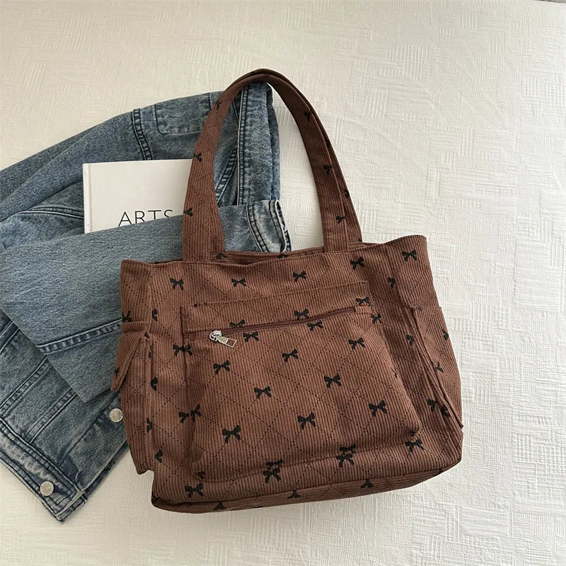 Large Capacity Corduroy Casual Tote Bags For Ladies, Casual Bow Pattern Commuting Handbags Women's For Shopping