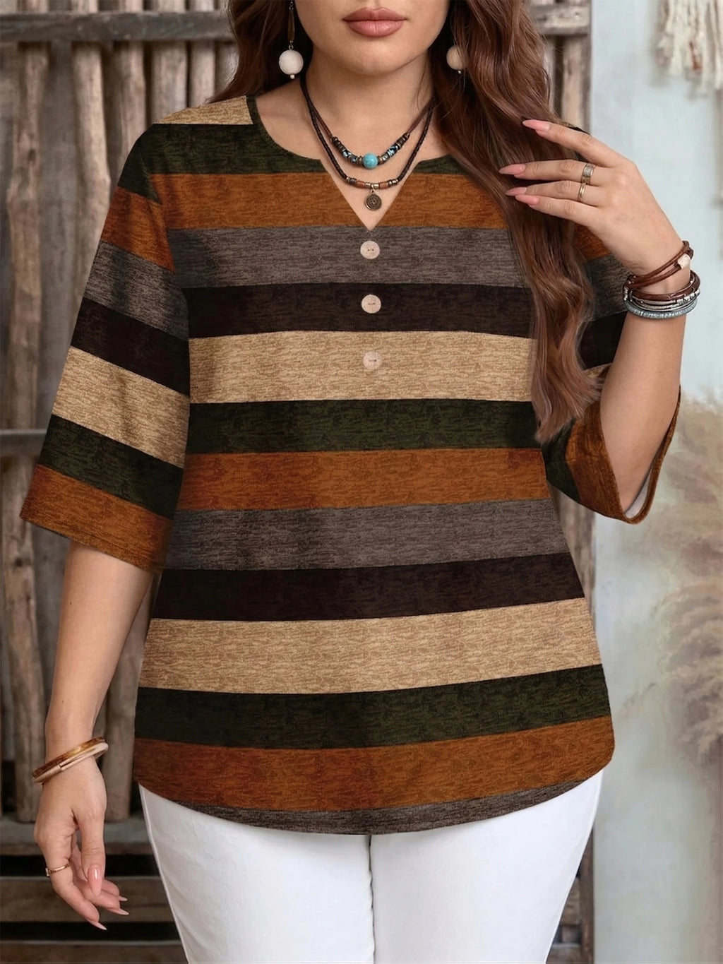Plus Size Women's Striped Button-Down Top with Half Sleeves Perfect for Casual Wear