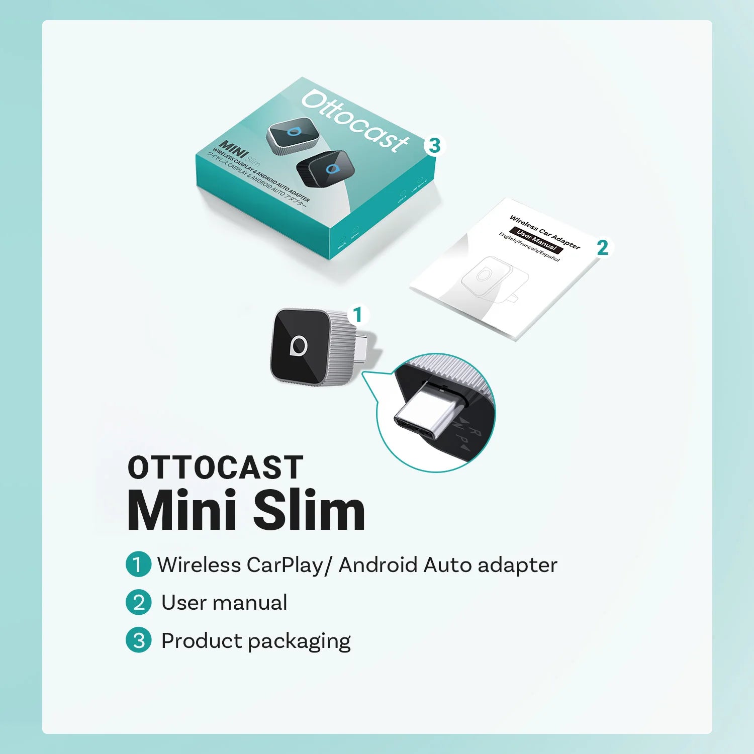 Ottocast Mini Slim Wireless Adapter Wireless CarPlay Android Auto For OEM Car Plug and Play WiFi Bluetooth Auto Connection