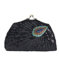 Lost in Vinatge Evening Bag with Sparkly Glitzy Turquoise Peacocks Beading Clutch with Antique Gold Hardware and Black Silky Bag