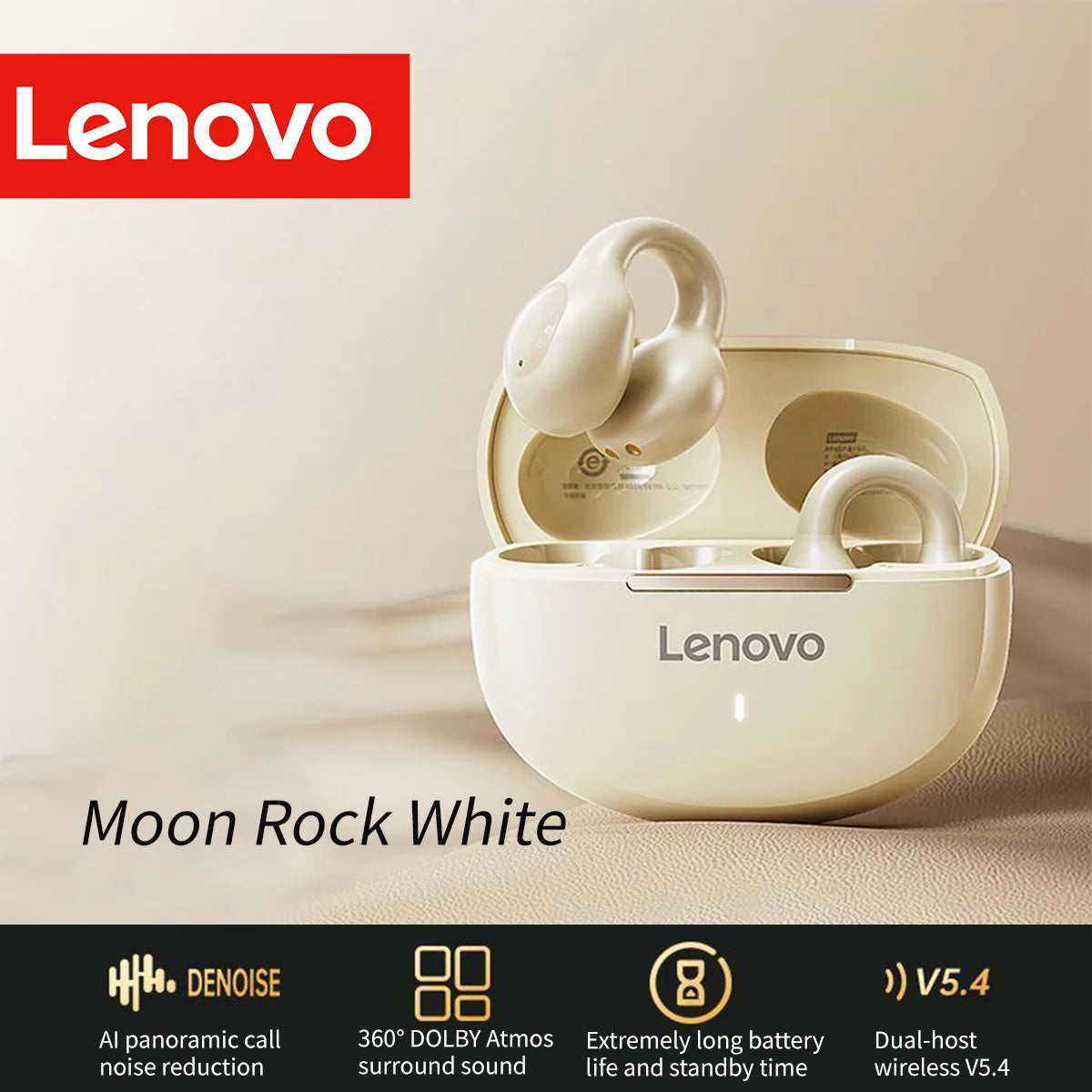 Lenovo Active Noise Cancelling Anc Wireless Clip-On Sport Earbuds Hi-Fi Bt 5.4 Long Battery Life Ergonomic Design for Workout