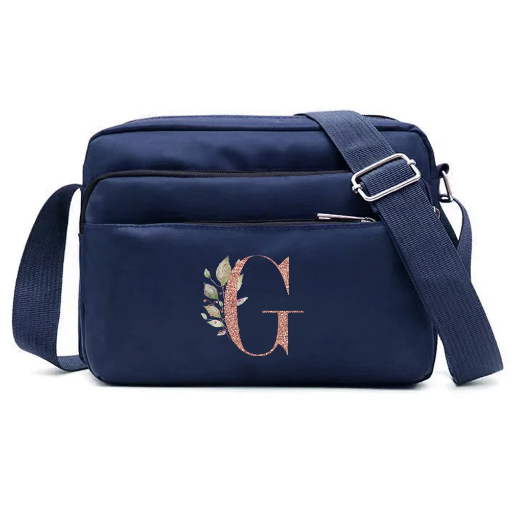 Large Capacity Travel and Commuting Storage Blue Bag Rose Gold Series Print Pattern Multi-layer One Shoulder Crossbody Bag