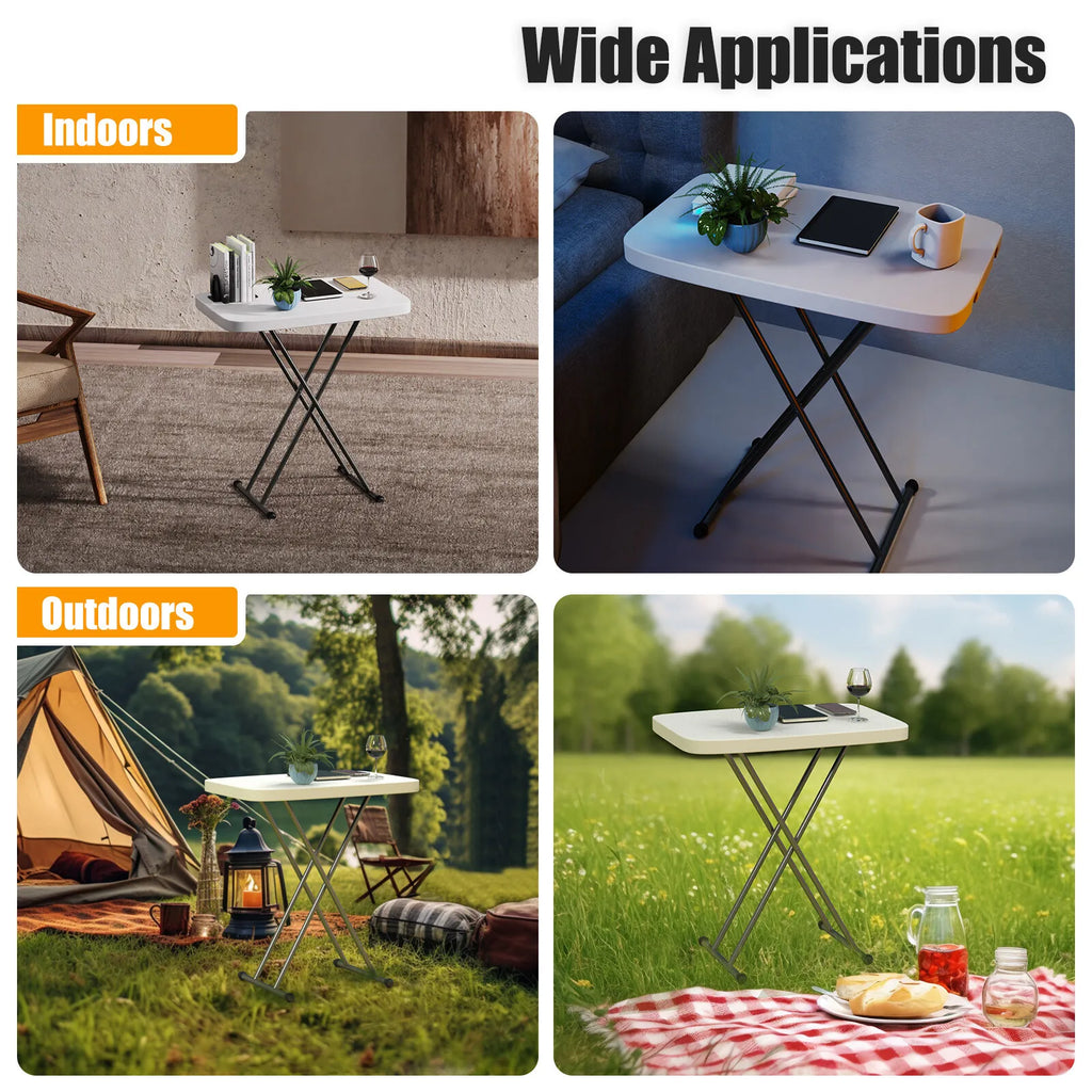 Triangular Stable Structure Foldable Lift Table, Backyard Party Beach Fishing Use, Lightweight Anti-slip Feet Rounded Corner Collapsible Table for Outdoor Enthusiasts