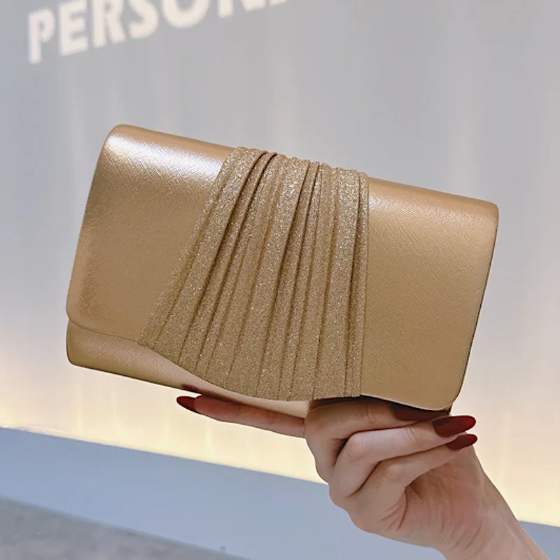 Golden Small Evening Clutch Bag for Women, Trendy Prom Party Purse, Metal Chain Shoulder Crossbody Handbag Femme Dinner Bolsa