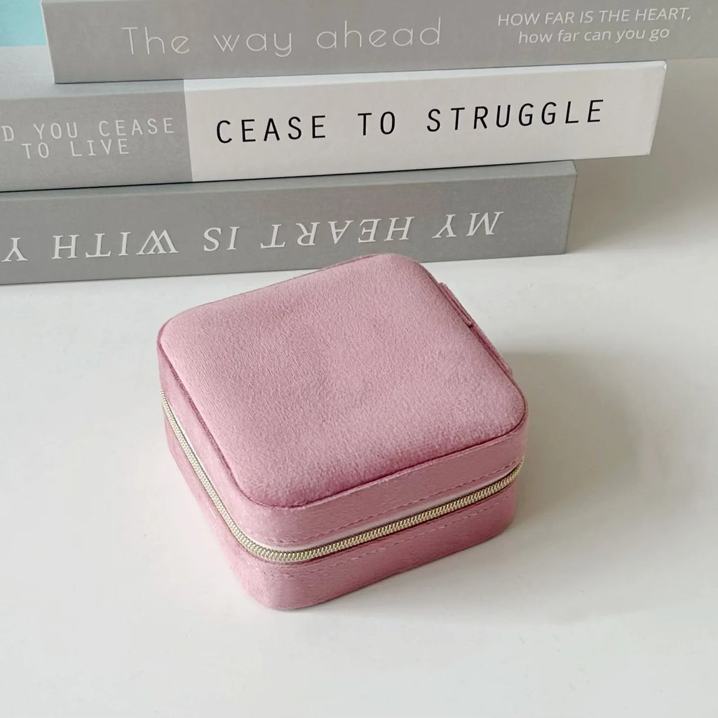 Portable Mini Velvet Travel Jewelry Box,Compact Zippered Organizer with Mirror for Rings Earrings On-the-go,Velvet Jewelry Case