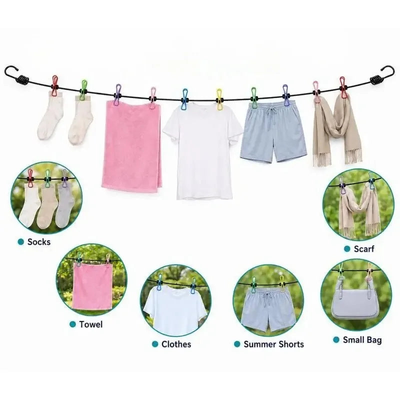 Portable Retractable Travel Clothesline with 12 Clips, Indoor Outdoor Laundry Drying Rope, Camping Accessories