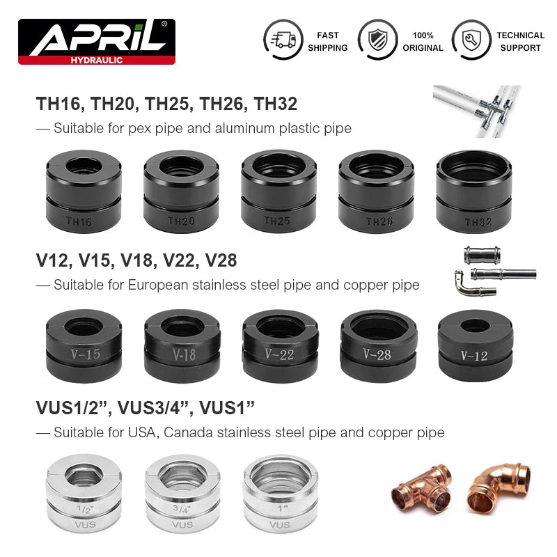 Kinds of Hydraulic Pipe Crimping Moulds TH, U Pipe Dies for Pex Fittings and V, M, VAU, VUS Pipe Dies for Copper Fittings
