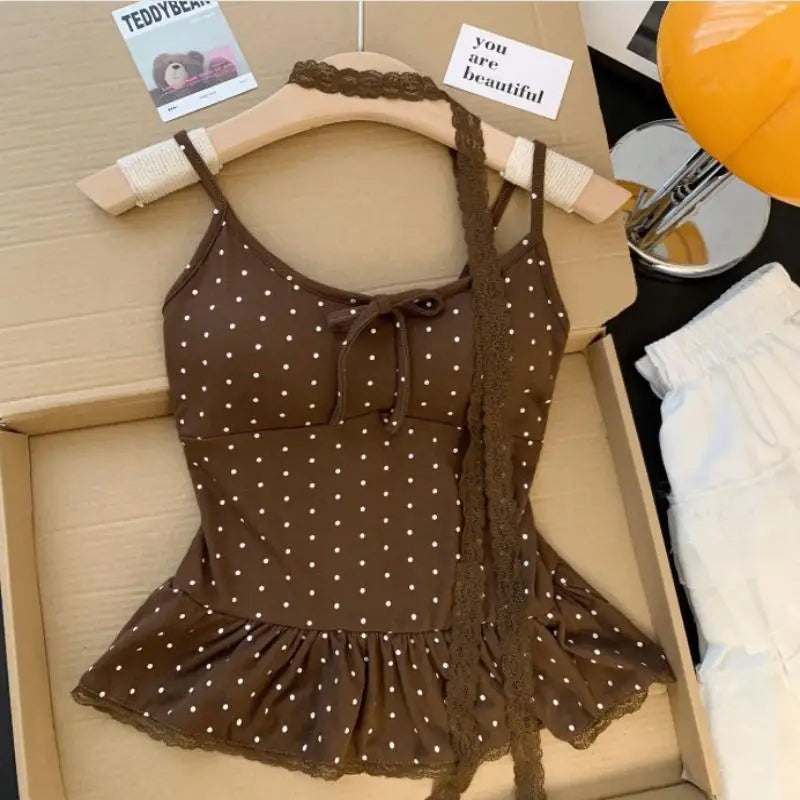 1Pc Women Clothing Summer Fashion Casual Polka Dot Solid Color Sling Ladies Fashionable Appear Thin Slim Young Style Tops