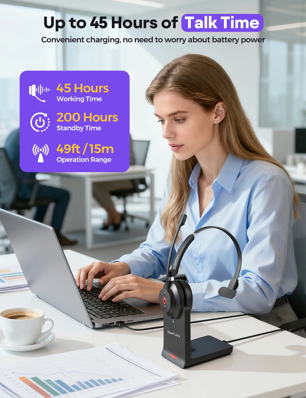 RownFusny Wireless Headset with Mic for Work Bluetooth & USB Dongle Computer Headset for Office/Home/CallCenter/Teams/Zoom/Skype