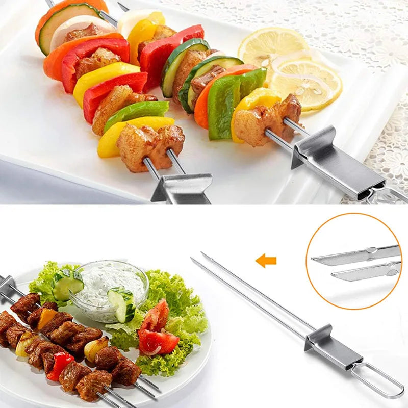 1pcs Stainless Steel Double Needle Barbecue Skewers with Self Push Plate Barbecue Forks Outdoor Home BBQ Accessories Tools숯불스타터