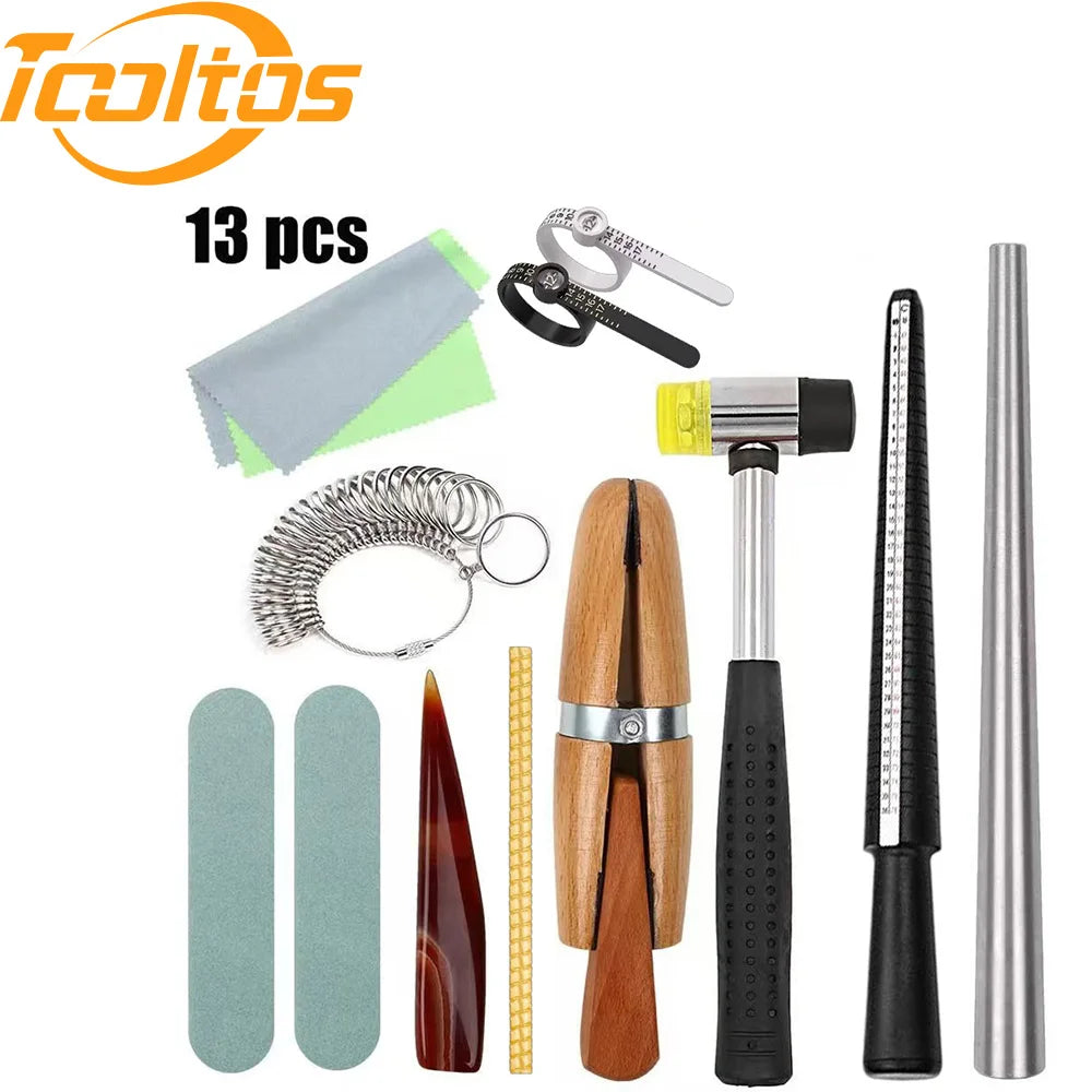 TOOLTOS 13PCS Ring Sizer Tool Kit with Mandrel Hammer Ring Clamp Gauge Polishing Tools for Jewelry Repair