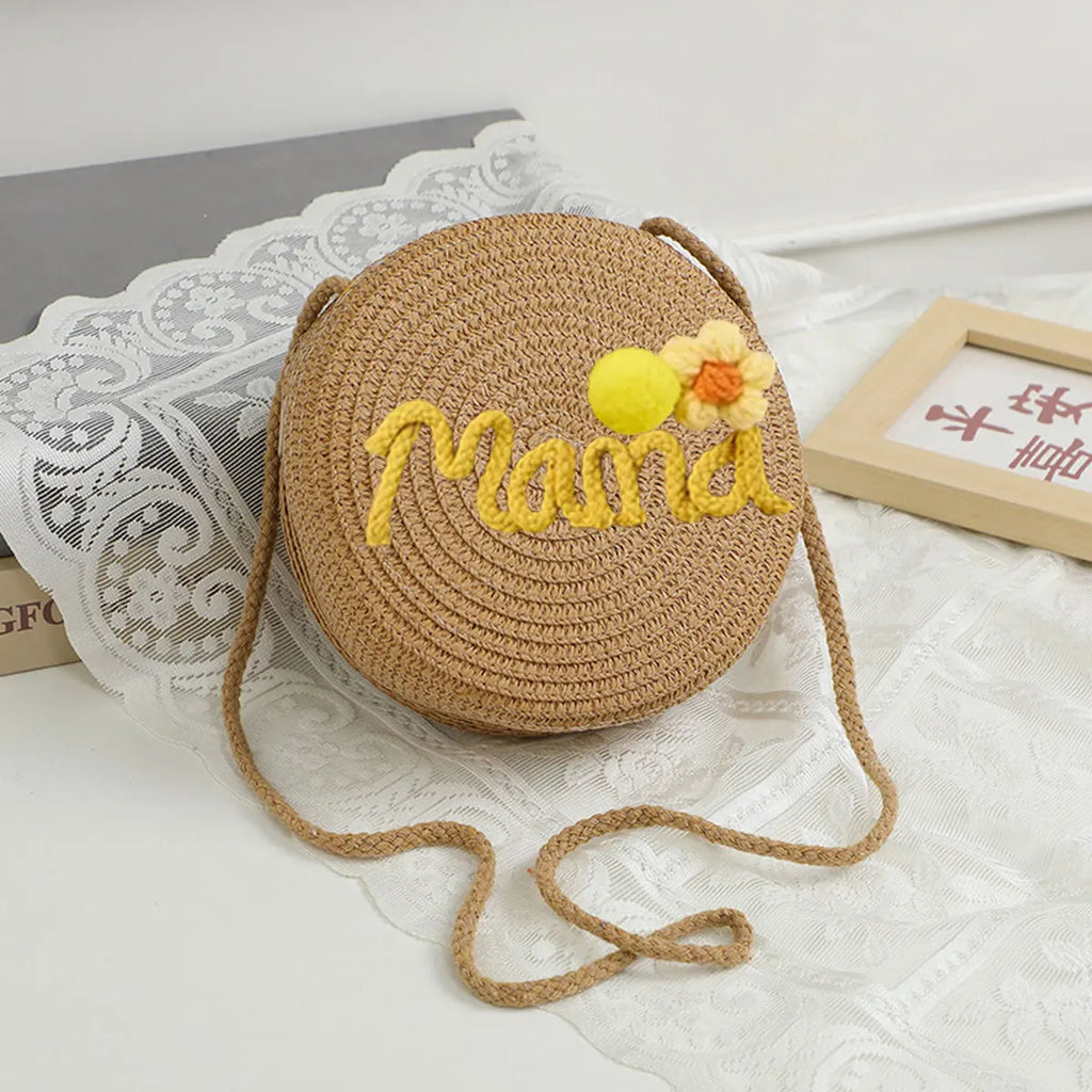 Personalized Custom Name Bag — Spring/Summer Round Straw Bag, Women's Beach Bag, Casual-Style Crossbody & Handbag