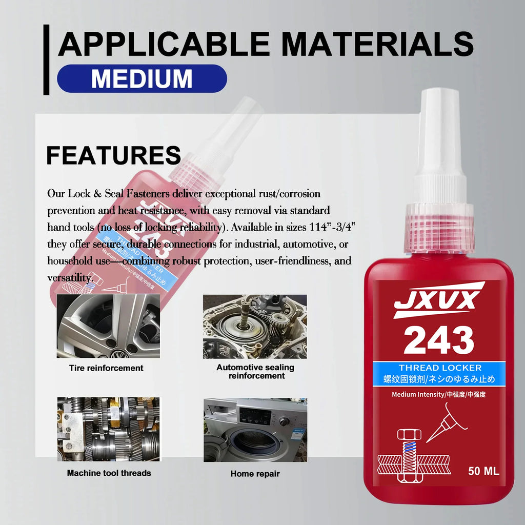 243 Blue Threadlocker Medium Strength 50ml Threadlocker Anaerobic Glues Anti Loose Screw Glues Fastening Sealant Quickly Cured Thread Locking Agent Sealant for Screws.